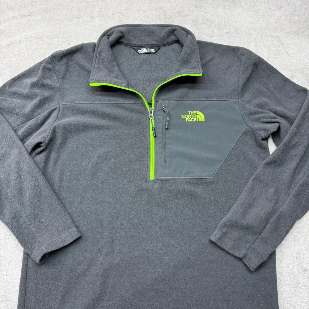 The North Face Pullover Mens Large‎ Grey Fleece Neon Green 1/4 Zip Outdoors